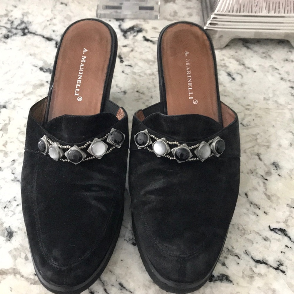 Black suede mules with gemstones